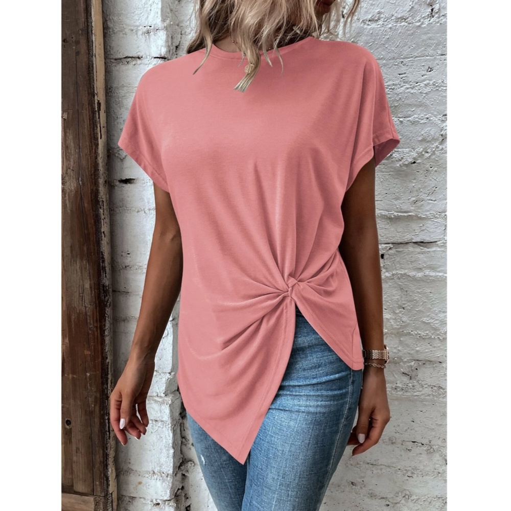 Twist Detail Pink Tee Shirt Short Sleeve Round Neck - Picture 5 of 12